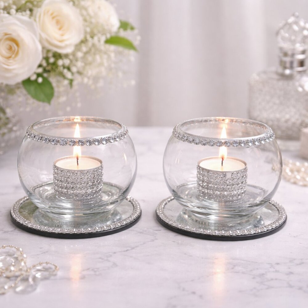 Elegant Silver Glass Candle Holders Set Rhinestone Tealight Pair